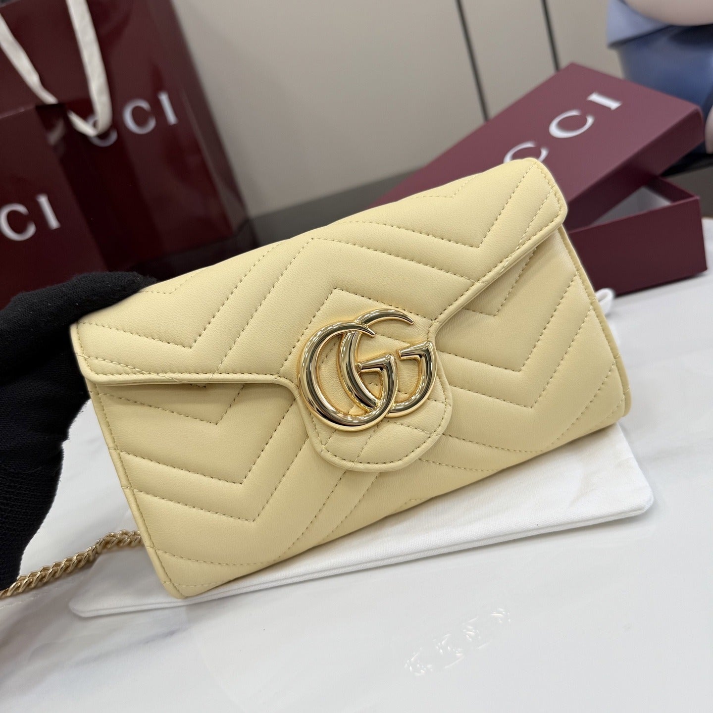 Gucci Yellow Leather GG Marmont Clutch