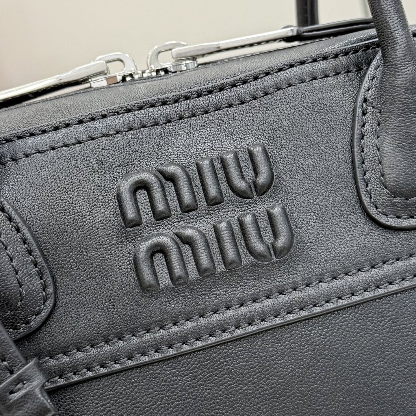 Miu Miu Black Leather & Linen Logo Handbag