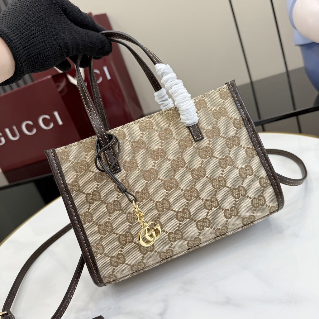 Gucci Brown Leather & Canvas Logo Tote Bag