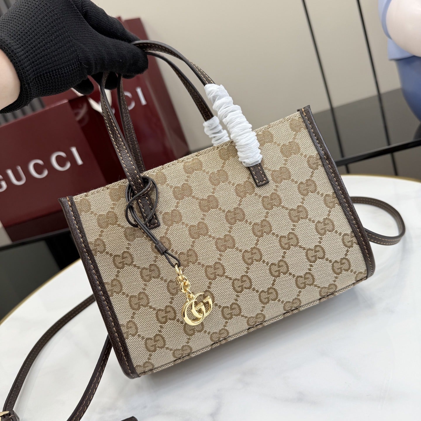 Gucci Brown Leather & Canvas Logo Tote Bag