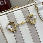 Gucci White Leather & Canvas Horsebit Handbag