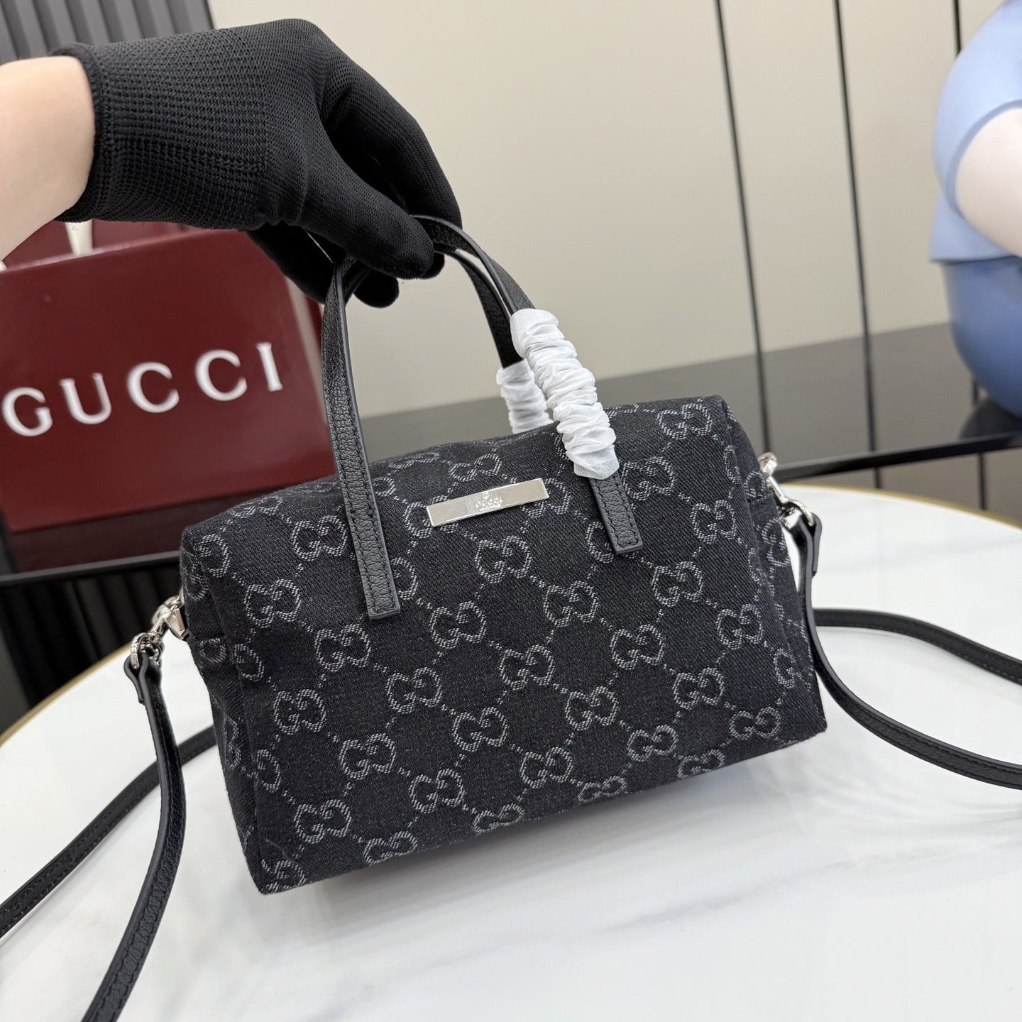 Gucci Black Denim & Leather Zip Handbag