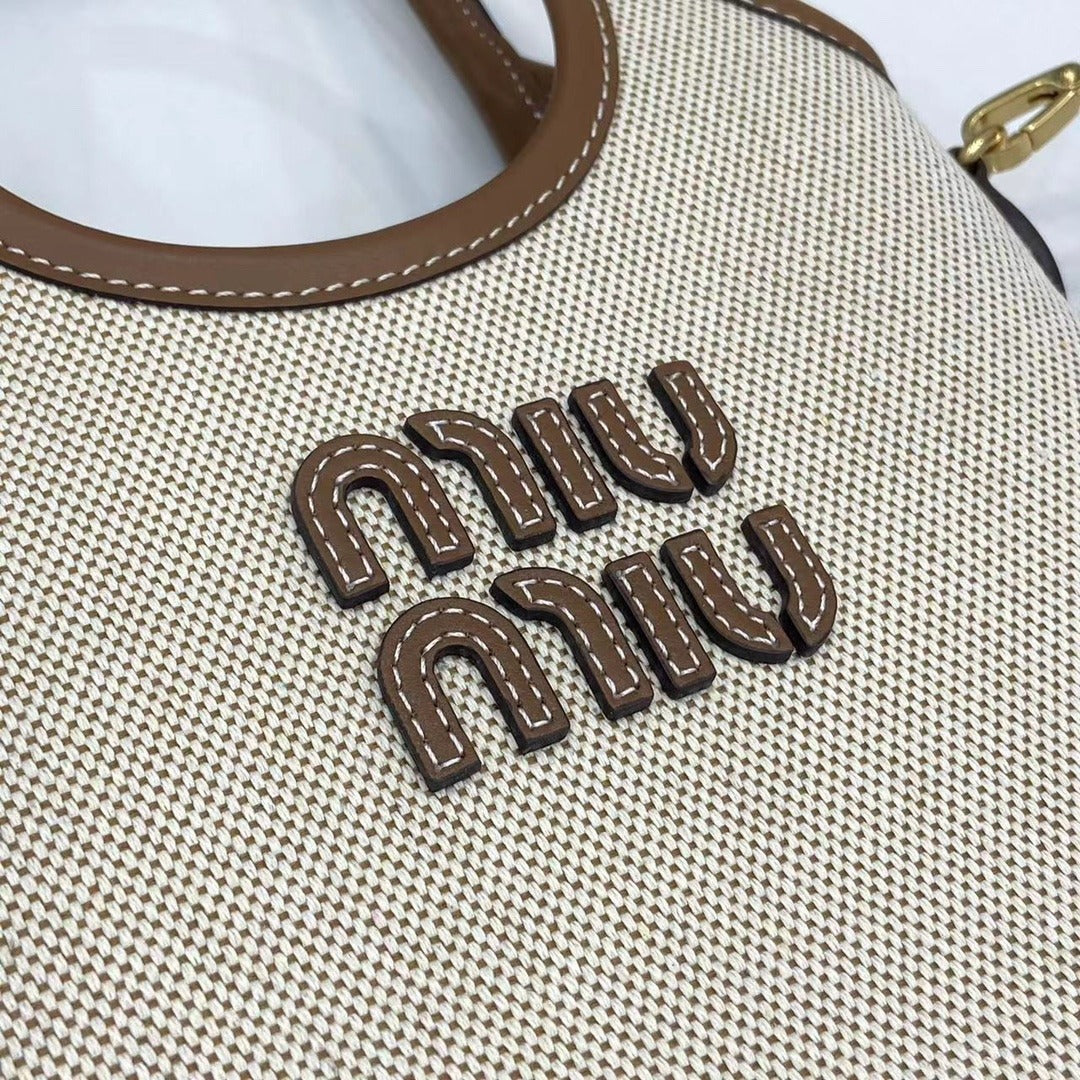 Miu Miu Brown Leather & Canvas Logo Tote Bag