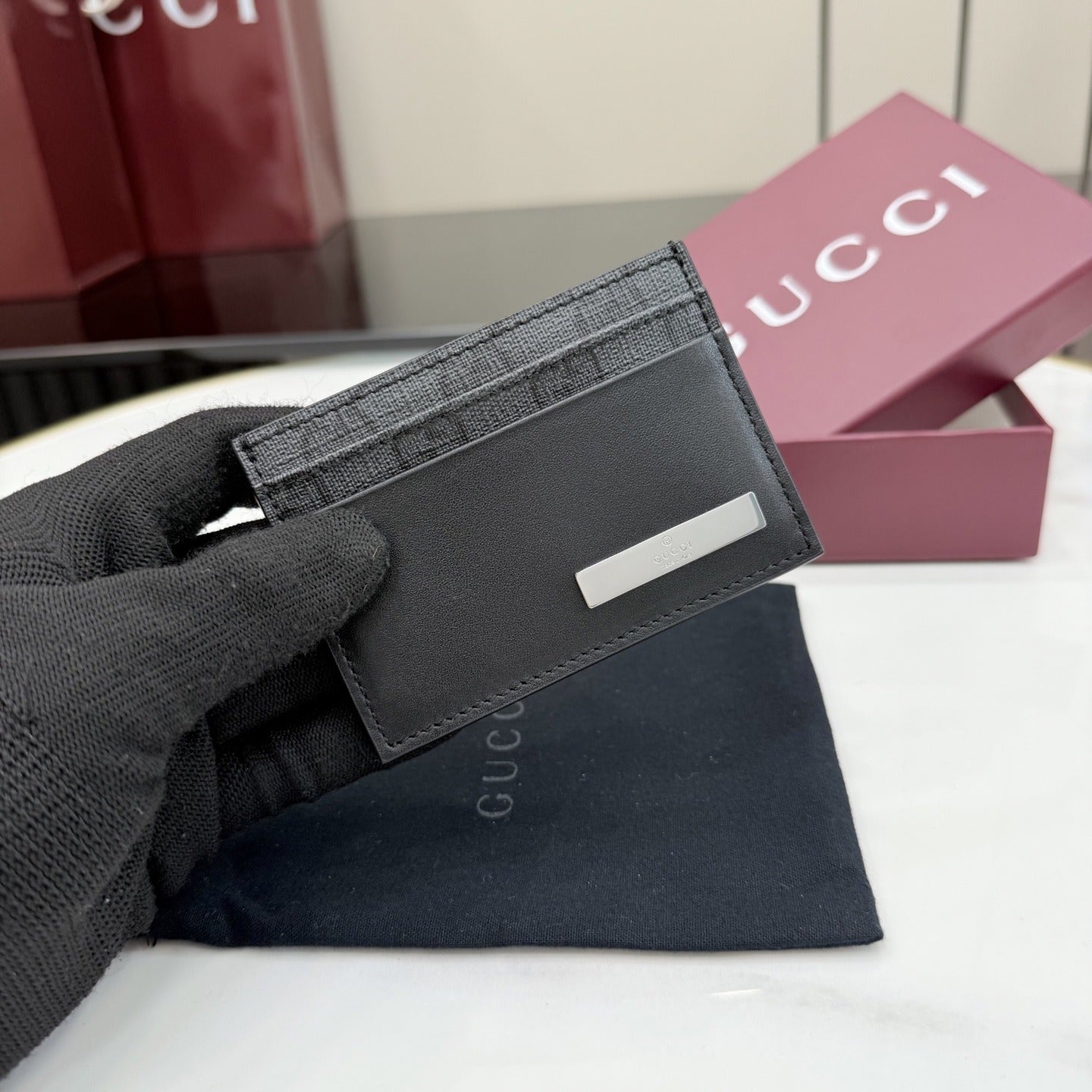 Gucci Black Leather & Canvas Card Holder