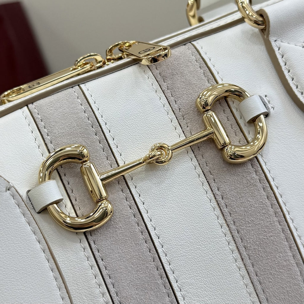 Gucci White Leather & Canvas Horsebit Handbag