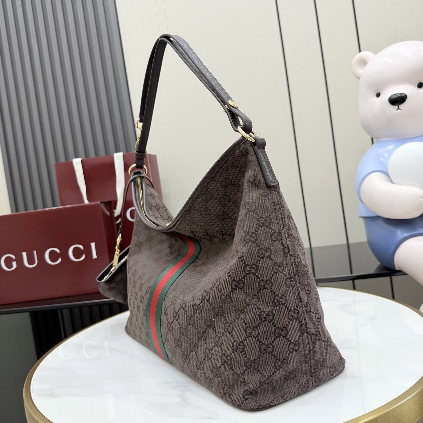 Gucci Brown Canvas & Leather Zip Shoulder Bag