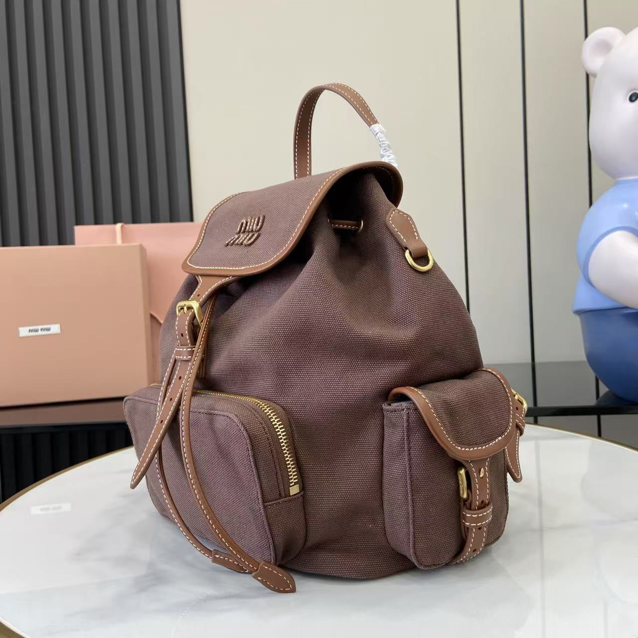 Miu Miu Brown Canvas & Calfskin Leather Backpack