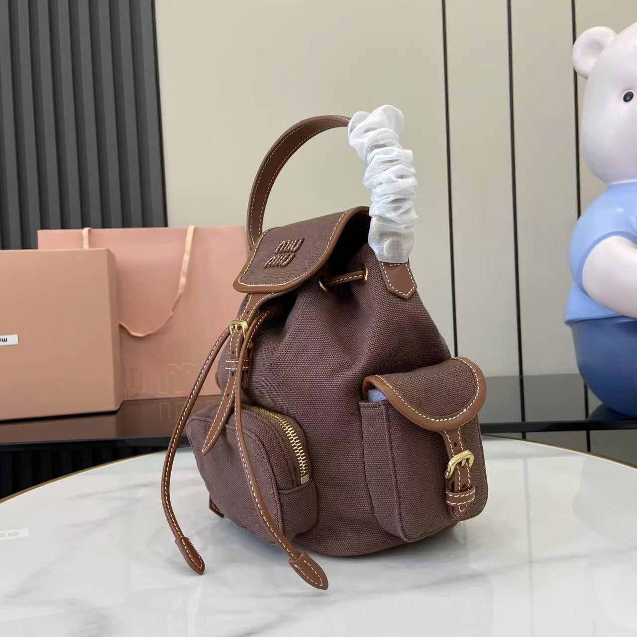 Miu Miu Brown Canvas & Calfskin Leather Backpack