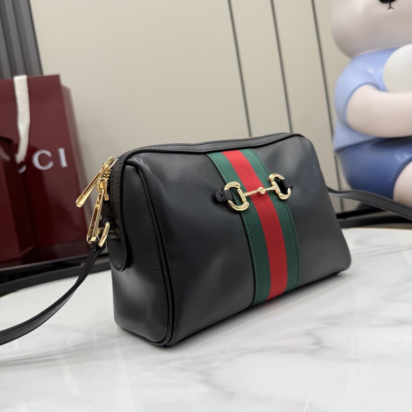 Gucci Black Leather & Canvas Horsebit Crossbody Bag