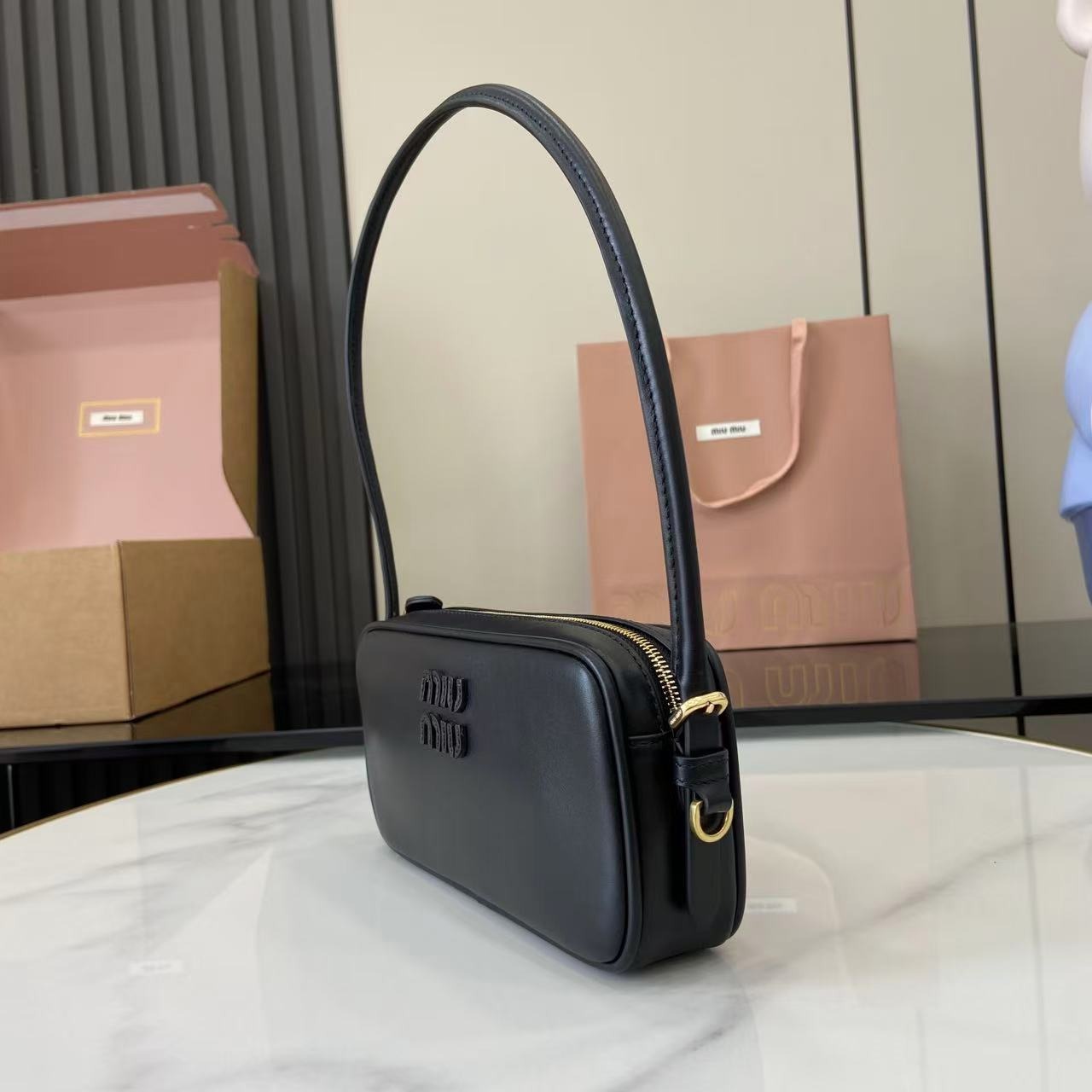 Miu Miu Black Calfskin Leather & Cotton Colorblock Handbag