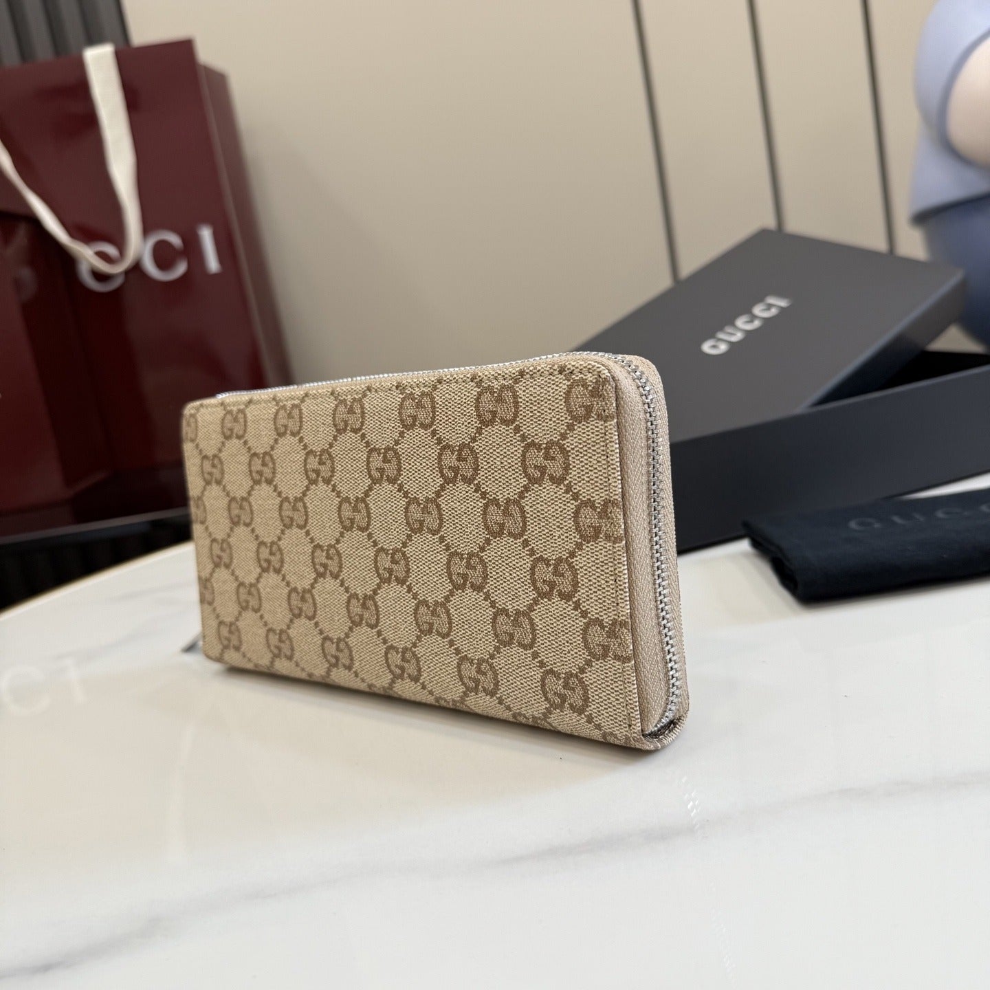 Gucci Brown Canvas & Leather Zip Wallet