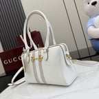 Gucci White Leather & Canvas Horsebit Handbag