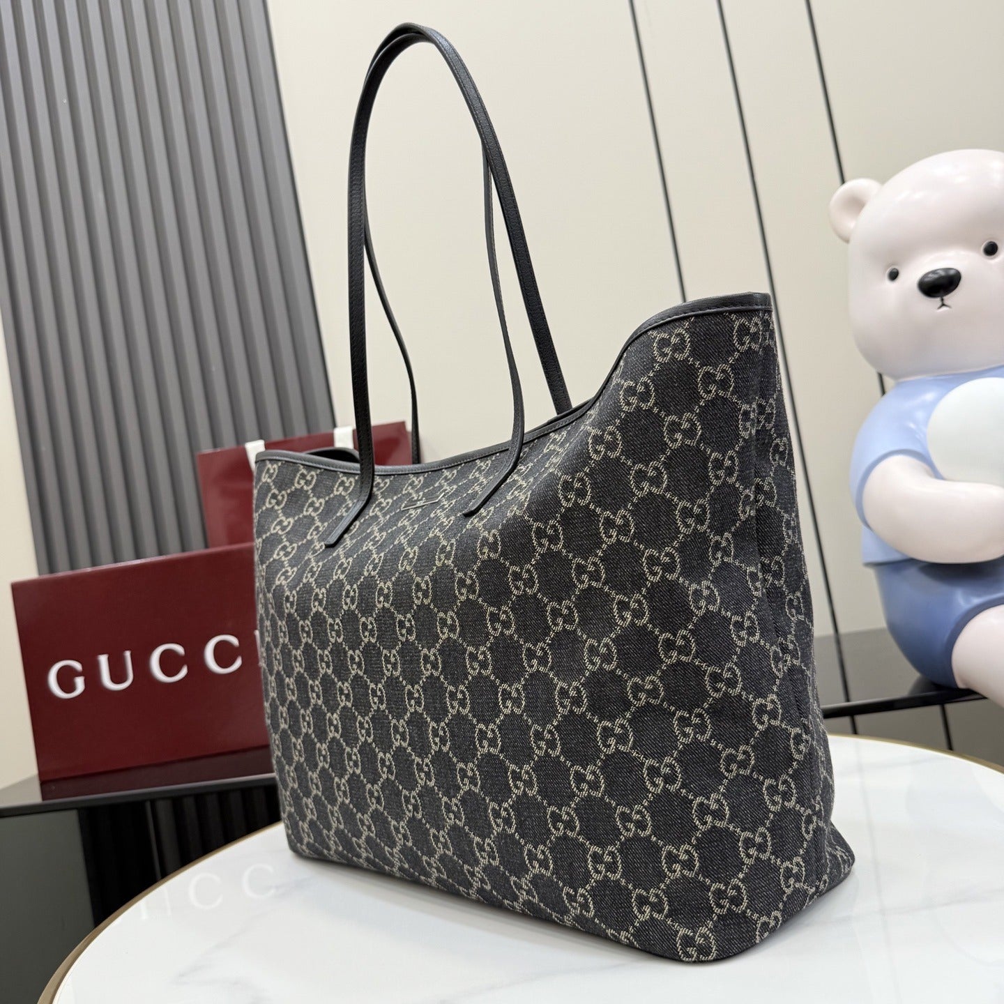 Gucci Black Denim & Leather Logo Tote Bag