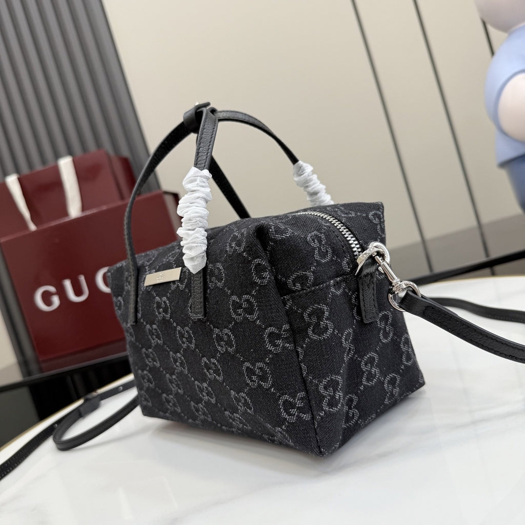 Gucci Black Denim & Leather Zip Handbag