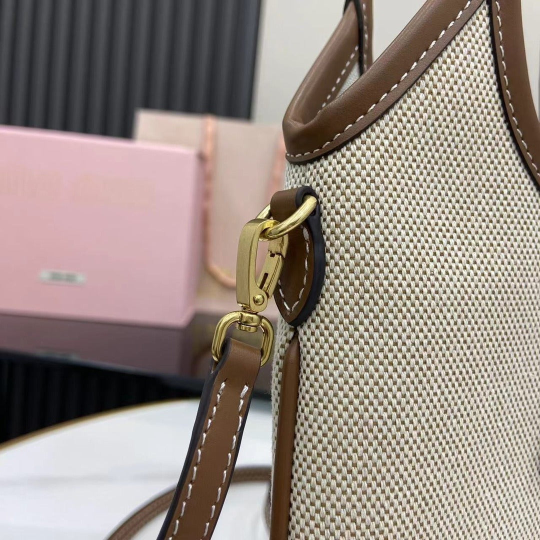 Miu Miu Brown Leather & Canvas Logo Tote Bag
