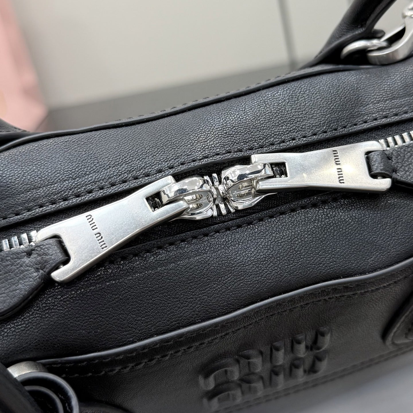 Miu Miu Black Leather & Linen Logo Handbag