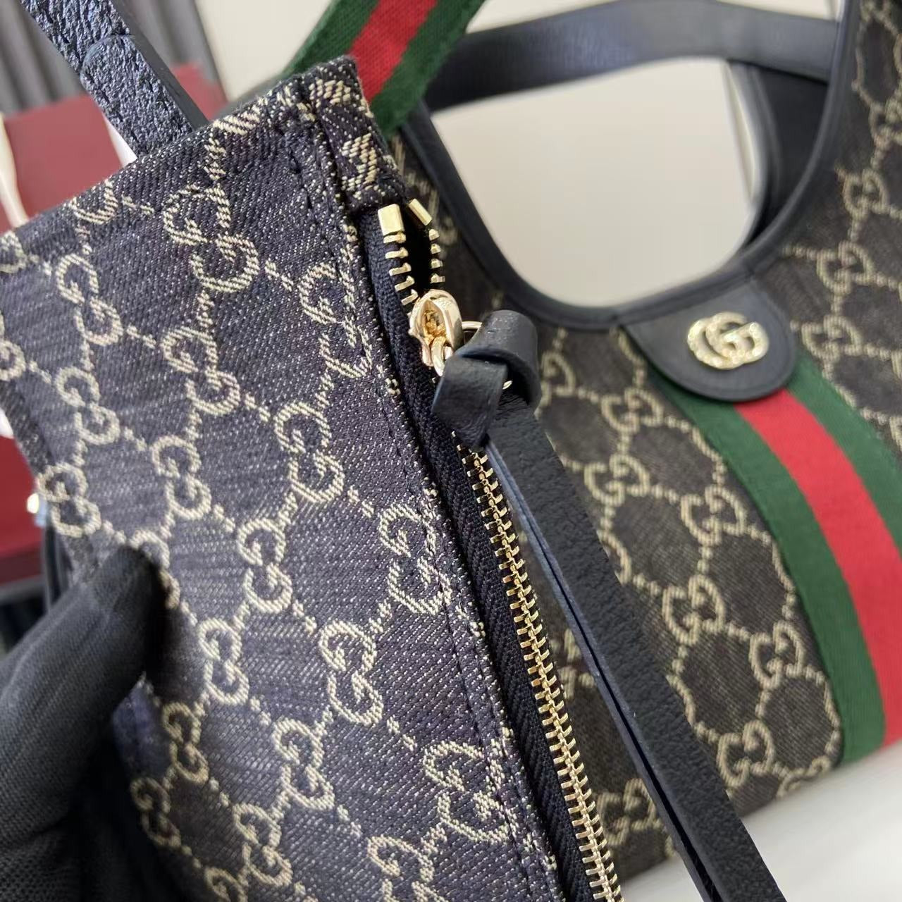 Gucci Black Denim & Canvas Double G Tote Bag