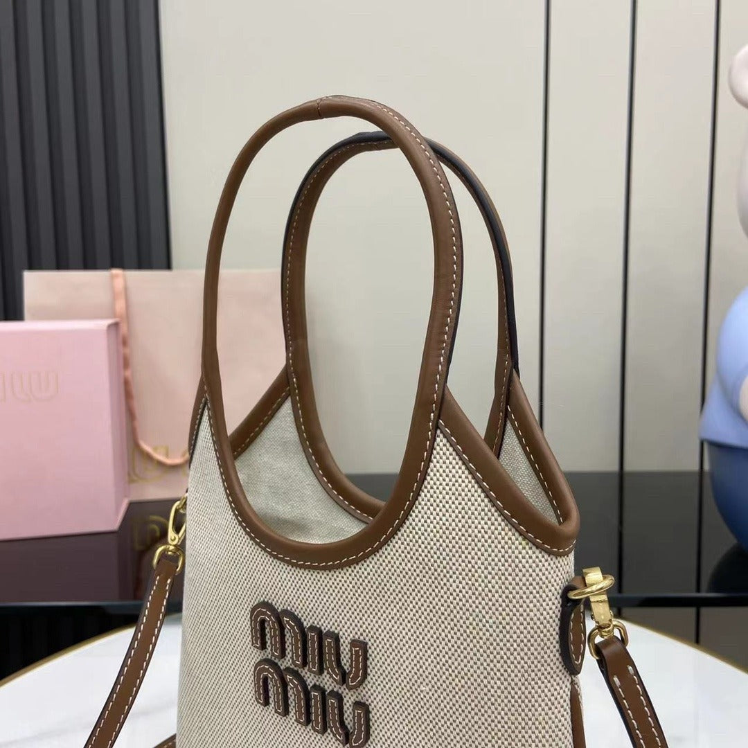 Miu Miu Brown Leather & Canvas Logo Tote Bag
