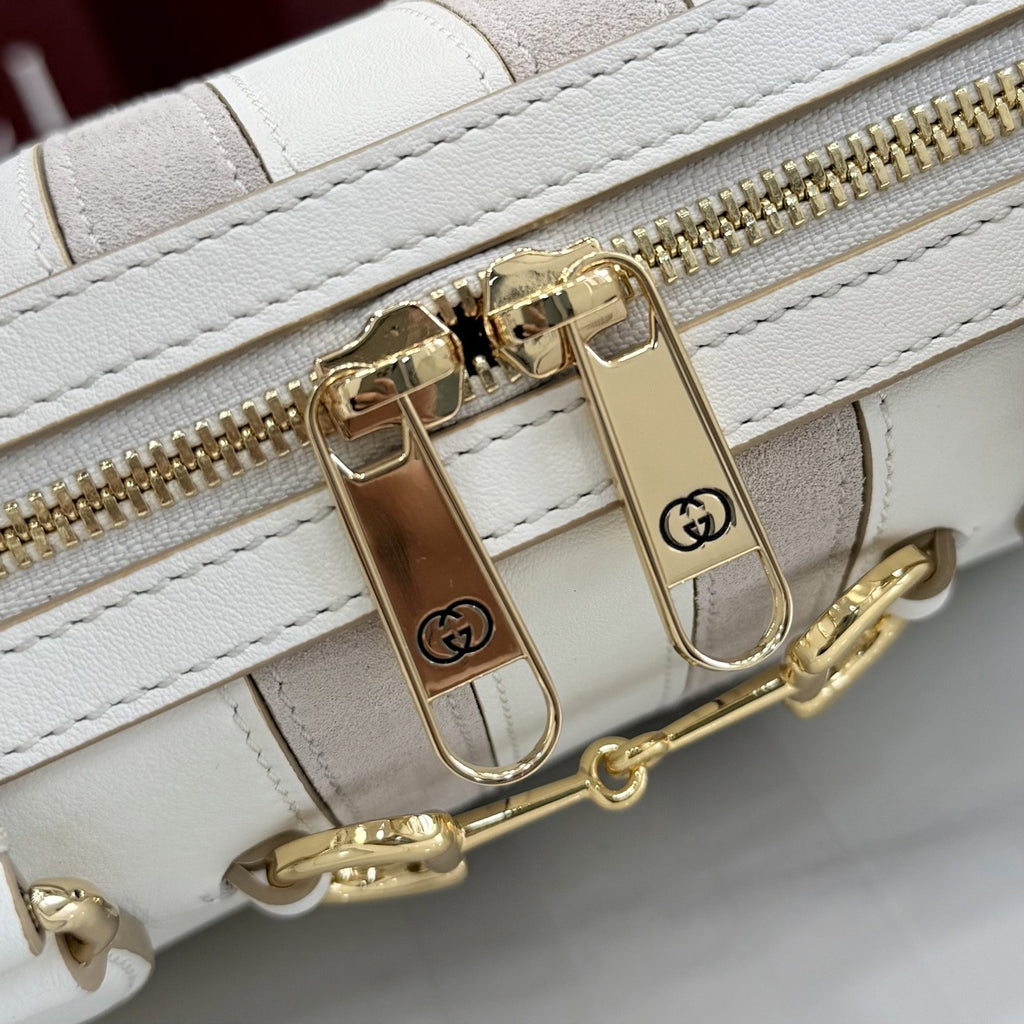 Gucci White Leather & Canvas Horsebit Handbag