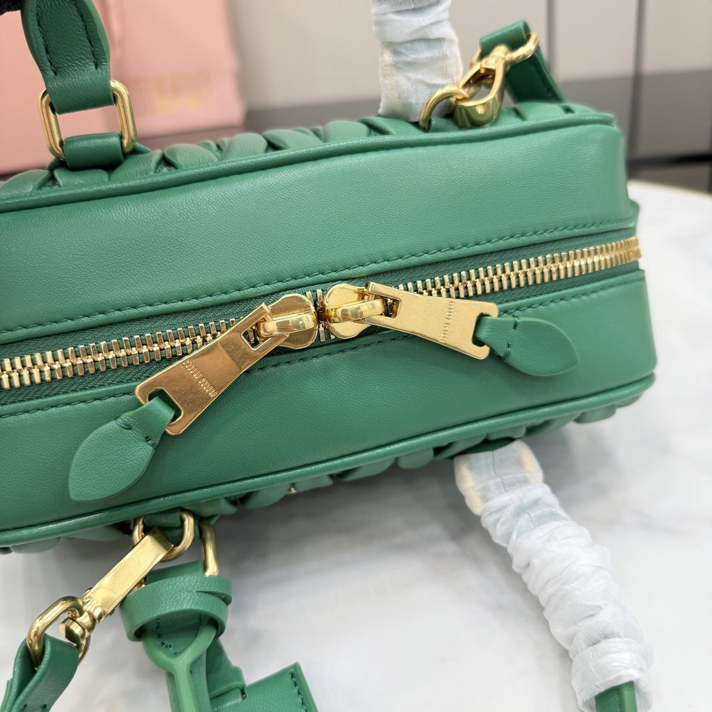 Miu Miu Green Lambskin Leather & Cotton Zip Handbag