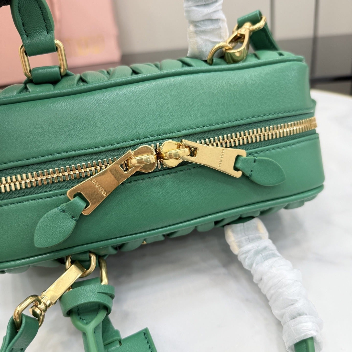 Miu Miu Green Lambskin Leather & Cotton Zip Handbag