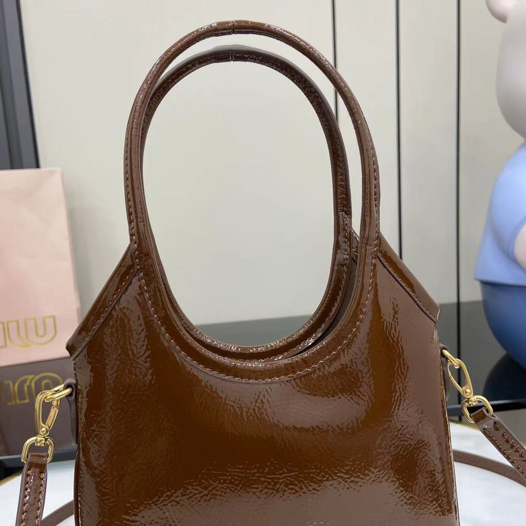Miu Miu Brown Patent Leather Logo Tote Bag