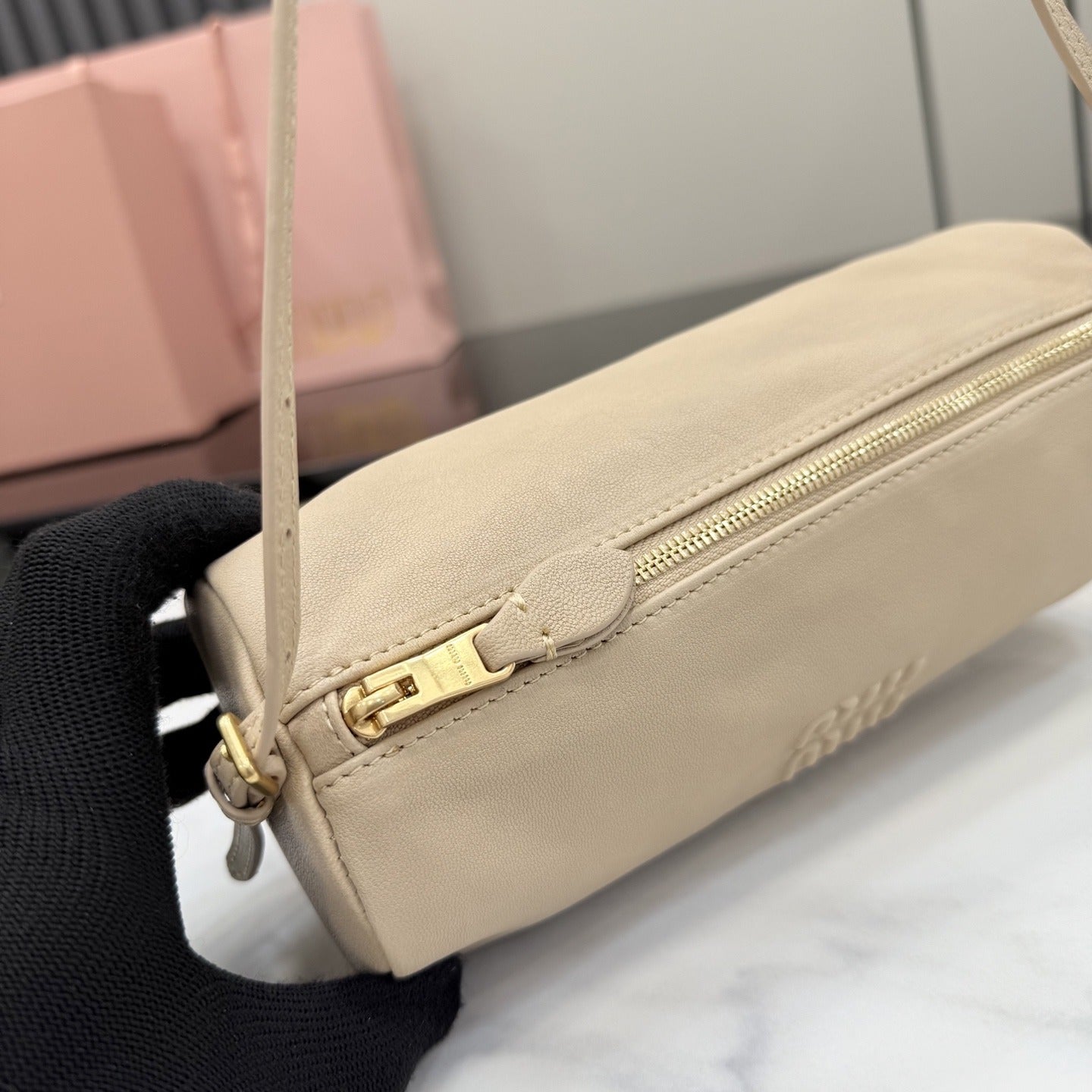 Miu Miu Beige Lambskin Leather Vintage-Finish Handbag