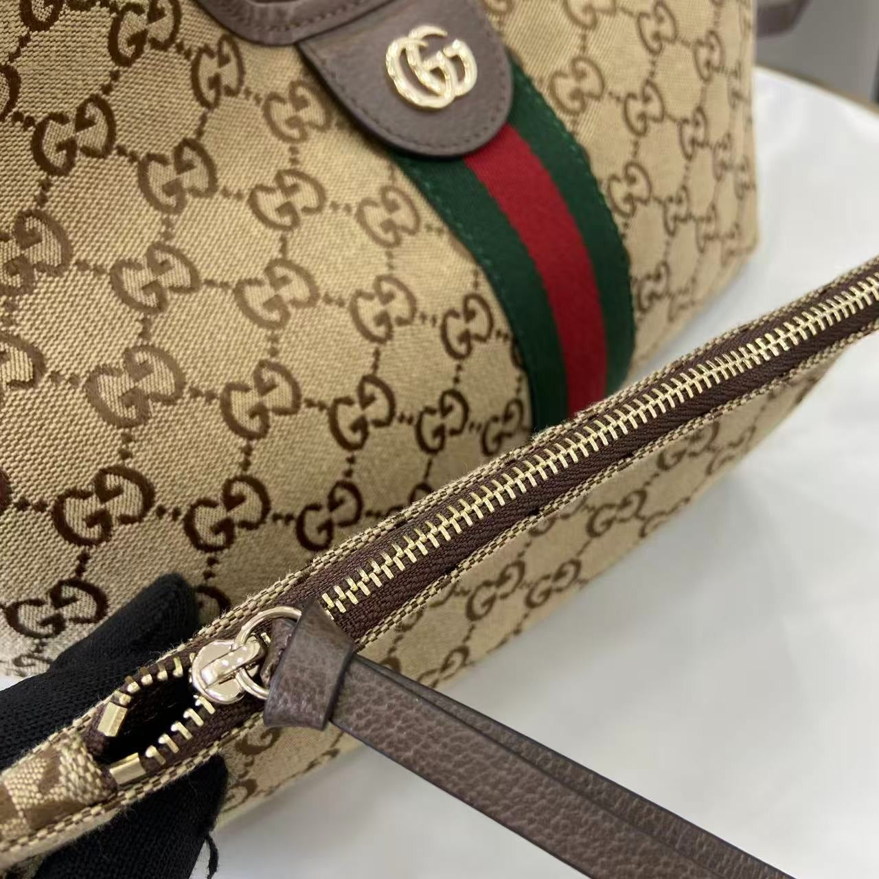 Gucci Brown Canvas & Linen Double G Tote Bag