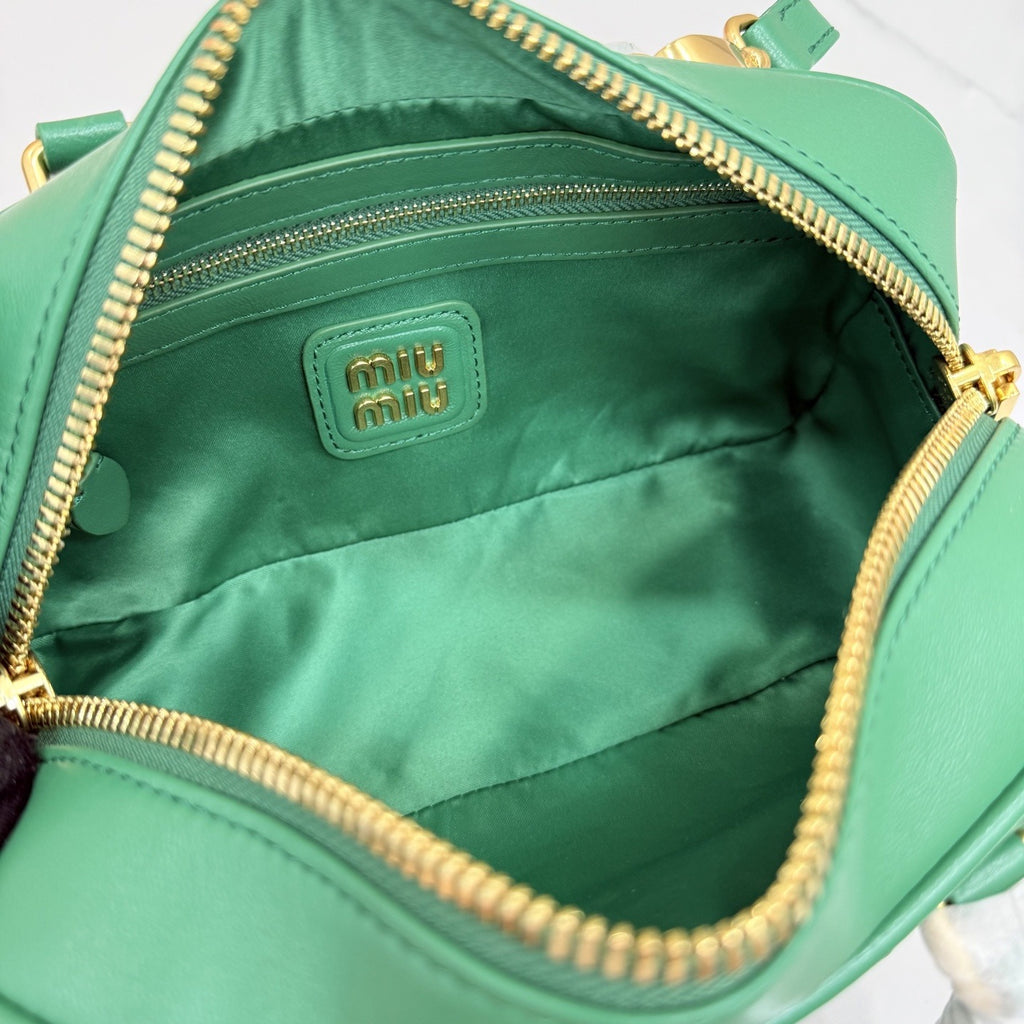 Miu Miu Green Lambskin Leather & Cotton Zip Handbag