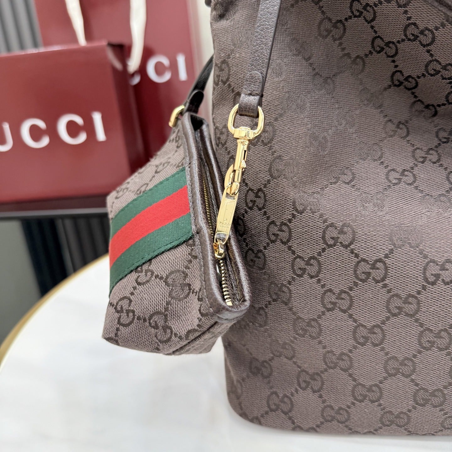 Gucci Brown Canvas & Leather Zip Shoulder Bag