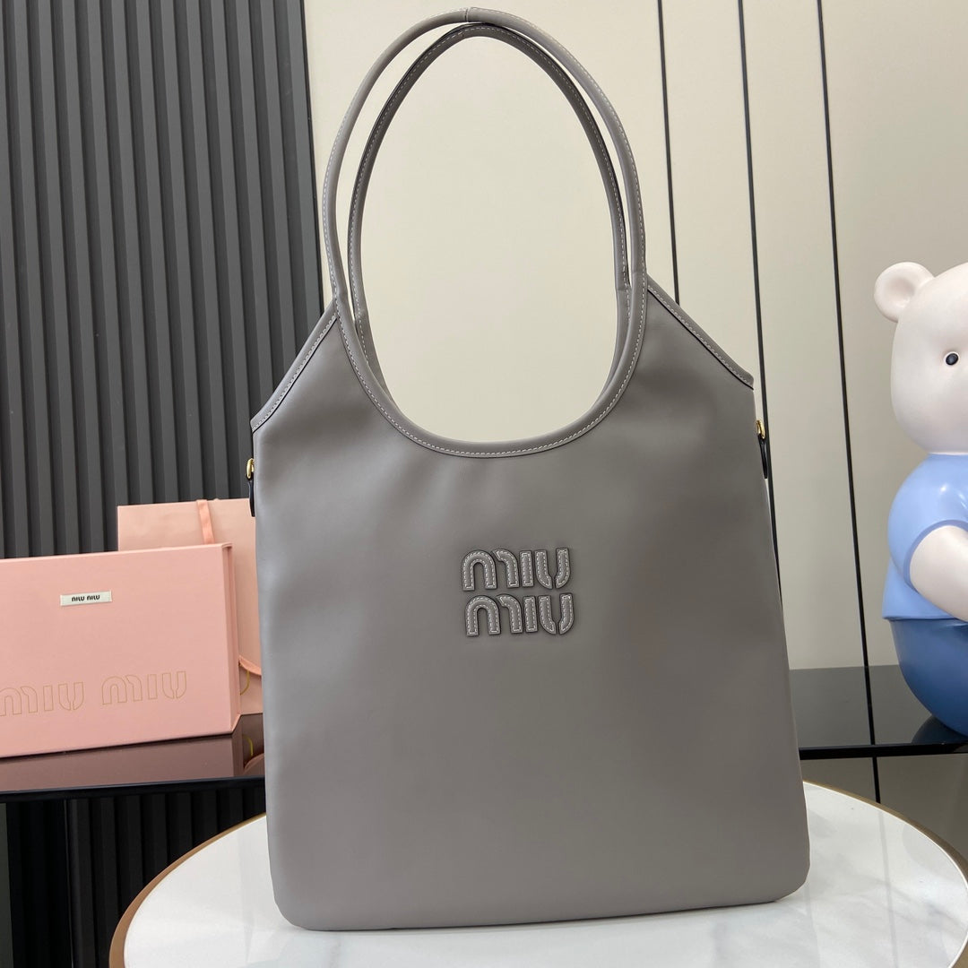 Miu Miu Gray Lambskin Leather Letter-Motif Tote Bag