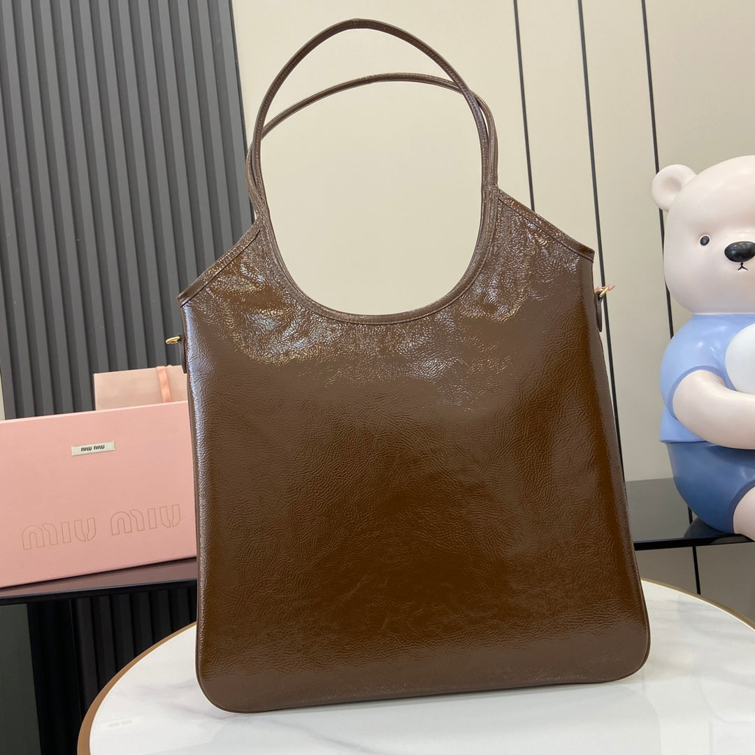 Brown Lambskin Leather Letter-Motif Tote Bag