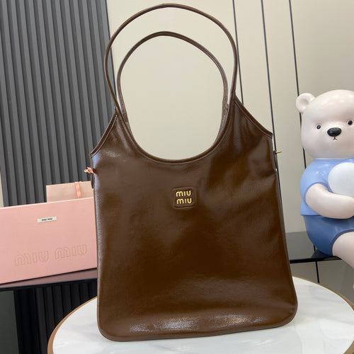Brown Lambskin Leather Letter-Motif Tote Bag