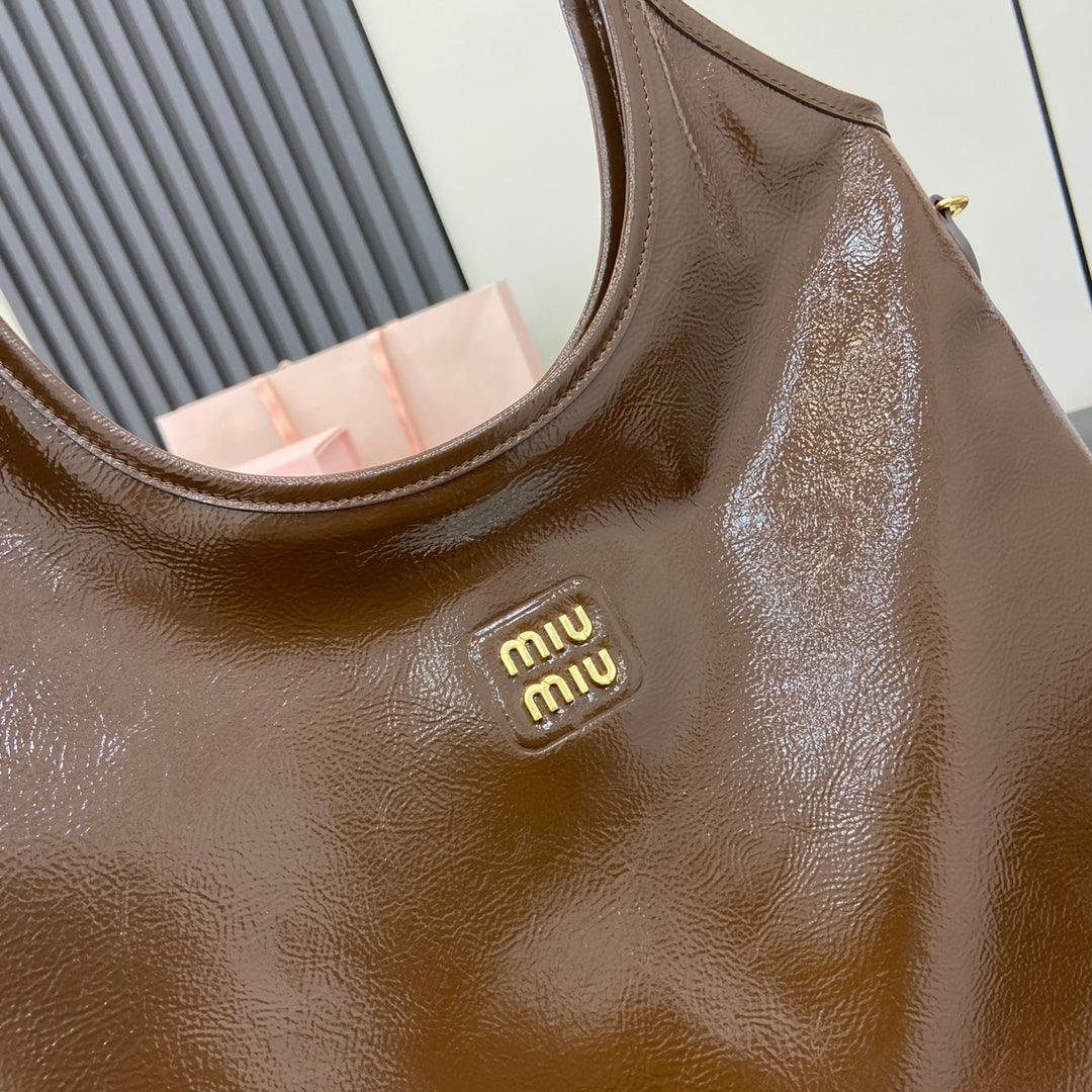 Brown Lambskin Leather Letter-Motif Tote Bag