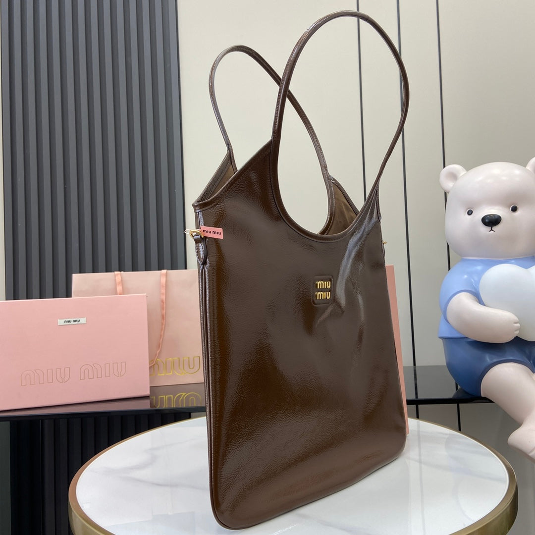 Brown Lambskin Leather Letter-Motif Tote Bag