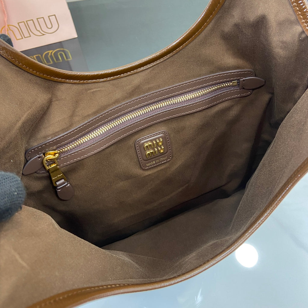 Brown Lambskin Leather Letter-Motif Tote Bag