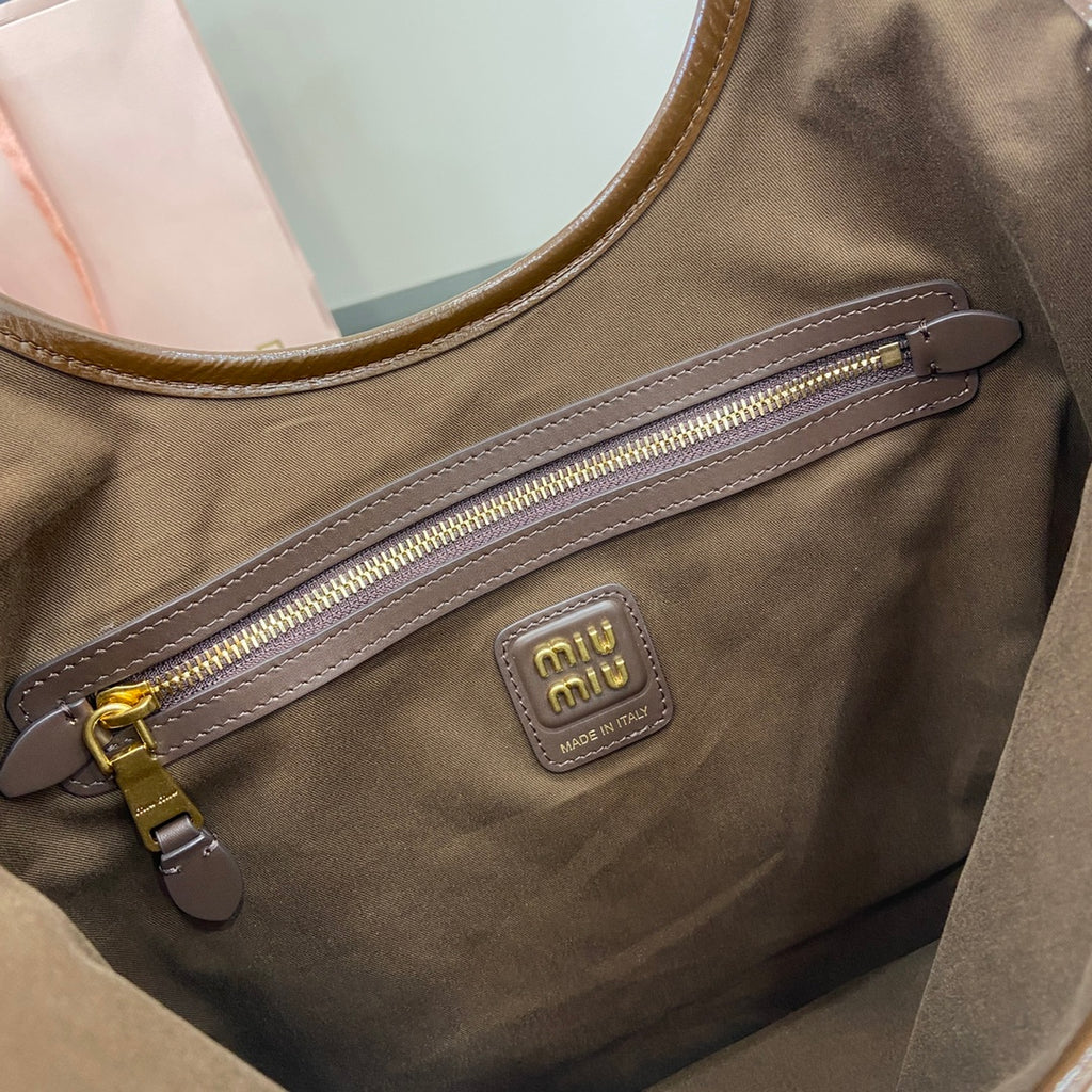 Brown Lambskin Leather Letter-Motif Tote Bag