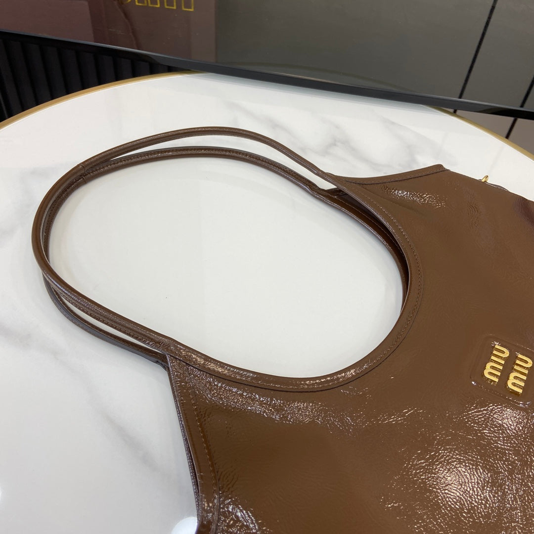 Brown Lambskin Leather Letter-Motif Tote Bag