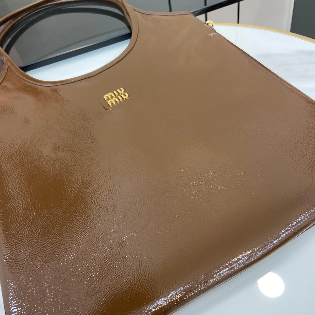 Brown Lambskin Leather Letter-Motif Tote Bag