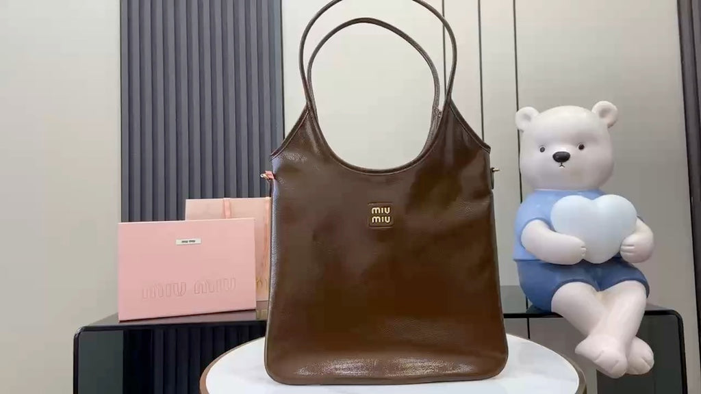 Miu Miu Gray Lambskin Leather Letter-Motif Tote Bag
