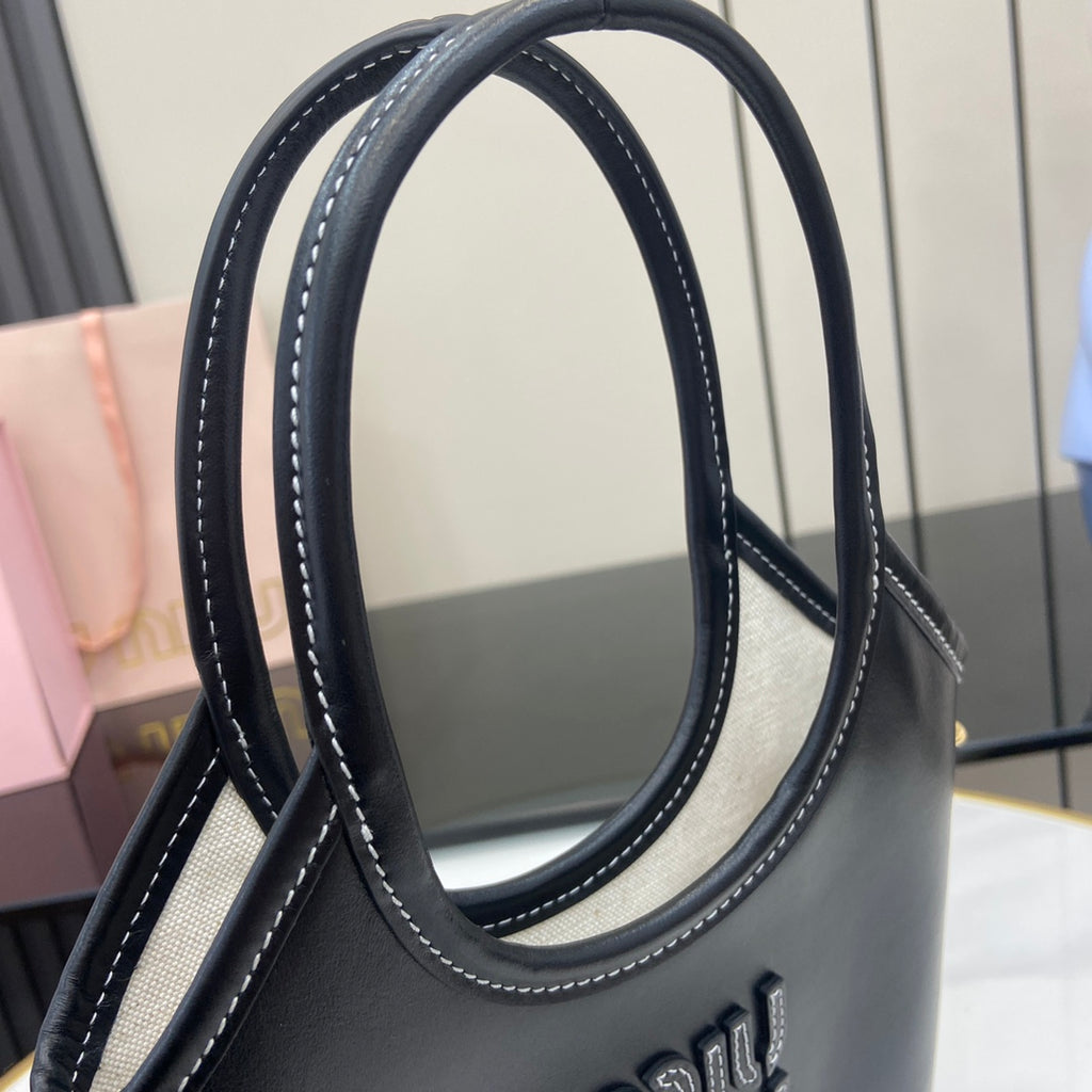 Black Leather Letter-Motif Vintage-Finish Tote Bag