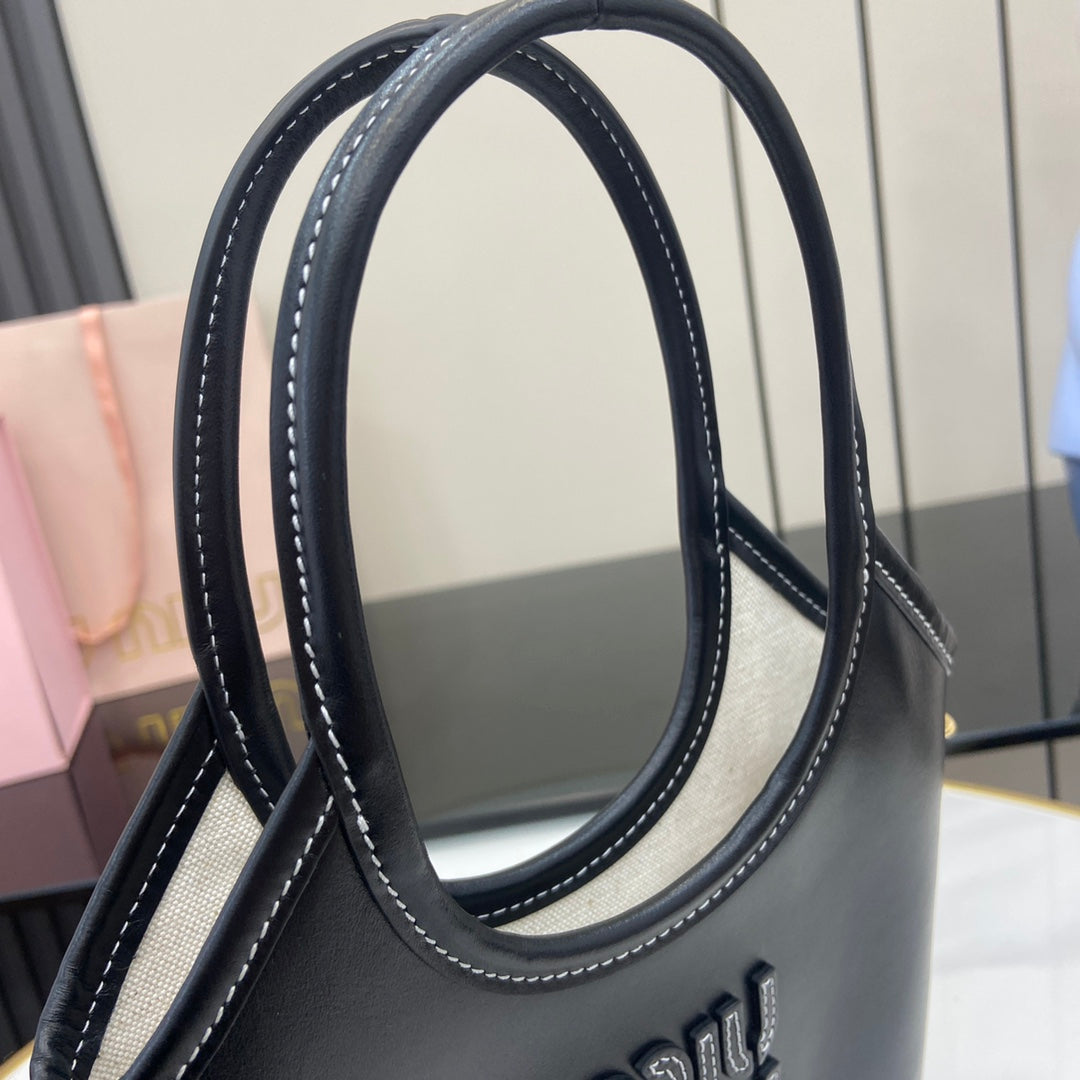 Black Leather Letter-Motif Vintage-Finish Tote Bag