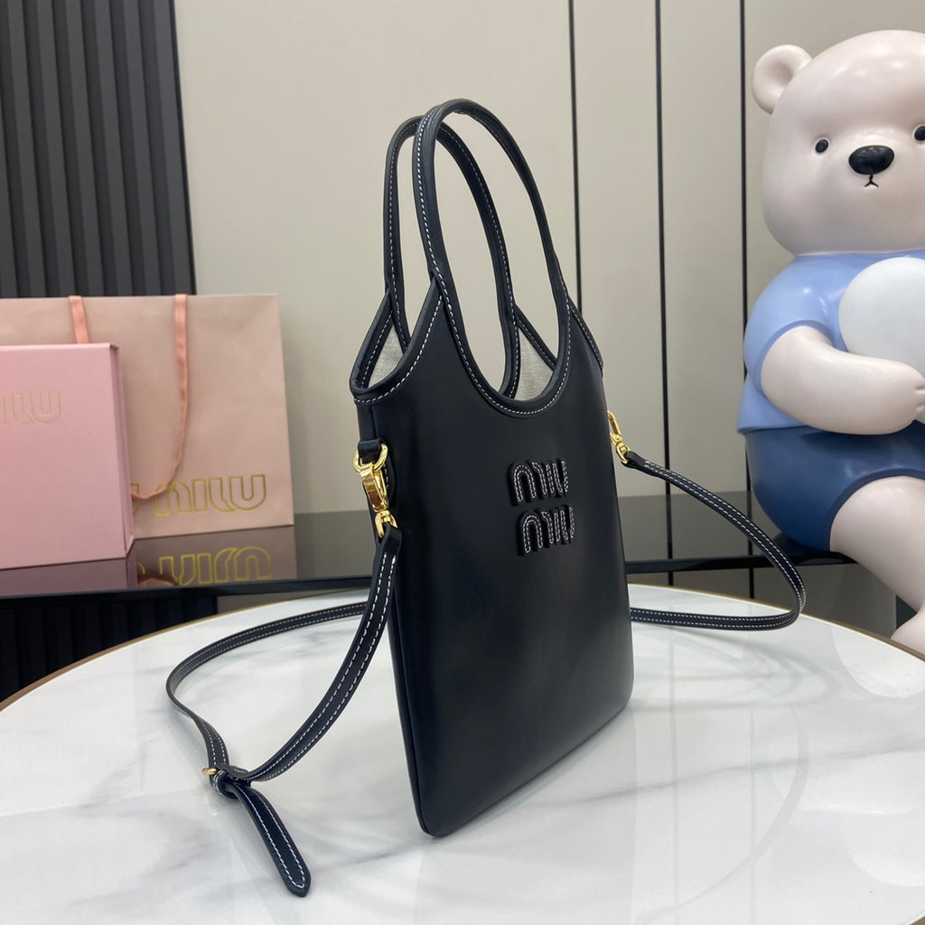 Black Leather Letter-Motif Vintage-Finish Tote Bag