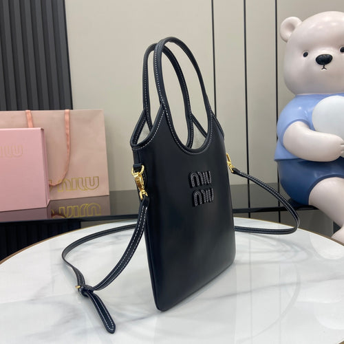 Black Leather Letter-Motif Vintage-Finish Tote Bag