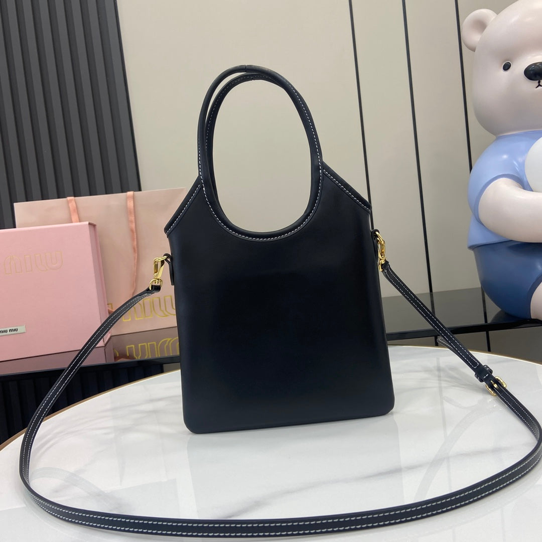 Black Leather Letter-Motif Vintage-Finish Tote Bag