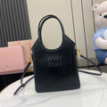 Black Leather Letter-Motif Vintage-Finish Tote Bag