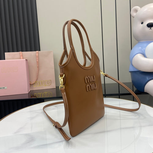 Brown Leather Letter-Motif Vintage-Finish Tote Bag