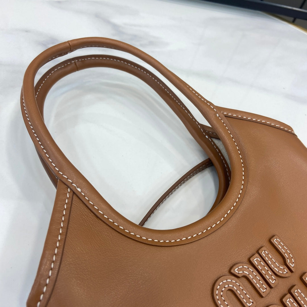 Brown Leather Letter-Motif Vintage-Finish Tote Bag