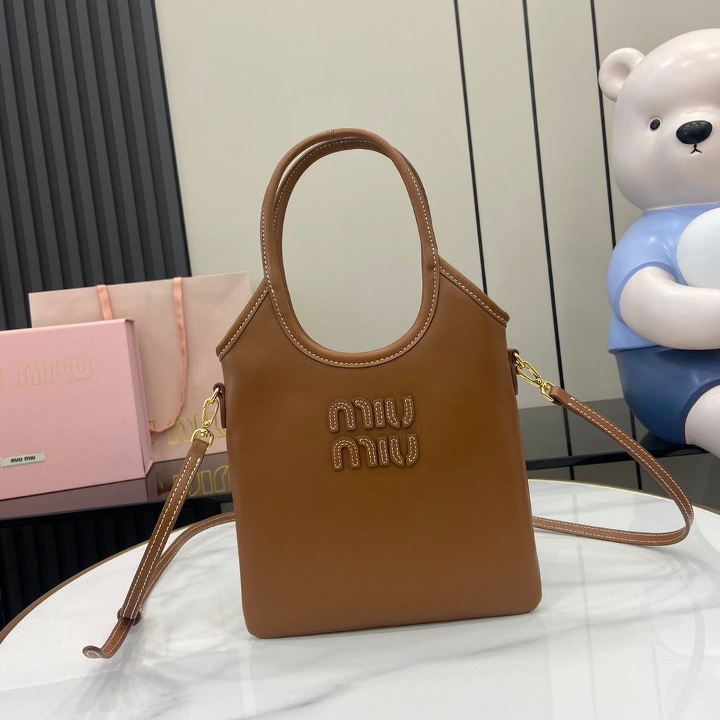Brown Leather Letter-Motif Vintage-Finish Tote Bag