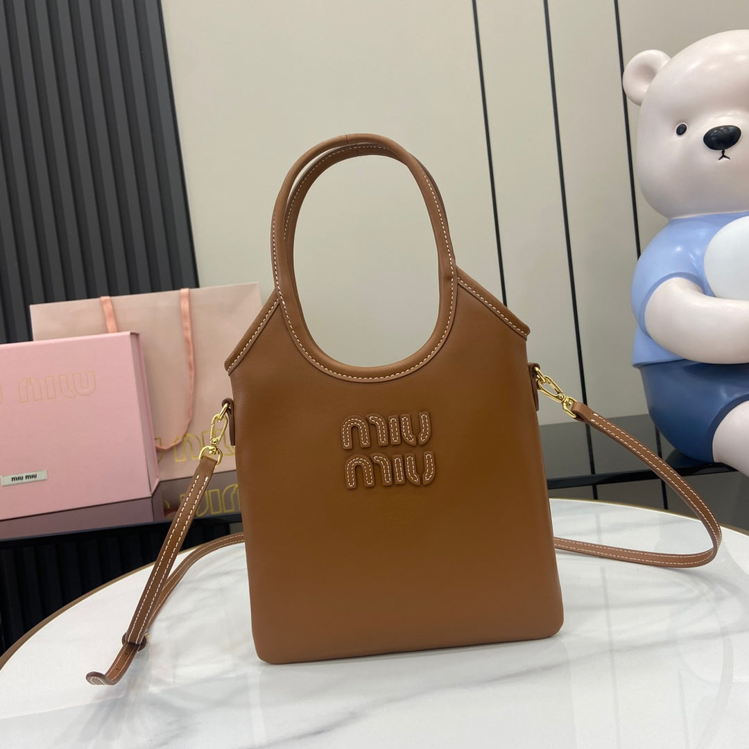 Brown Leather Letter-Motif Vintage-Finish Tote Bag
